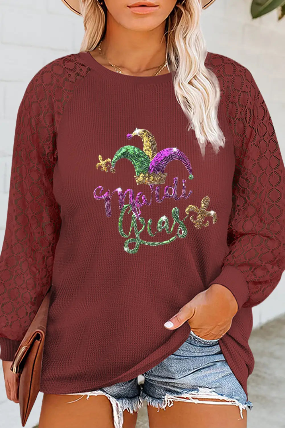 Red sequin mardi gras lace raglan sleeve plus size pullover - graphic