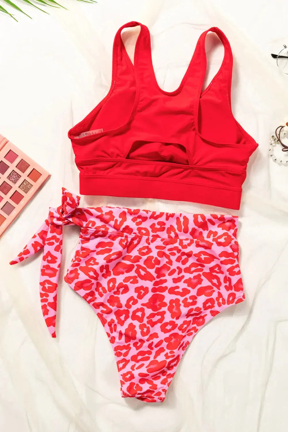 Red sky blue floral printed high waist lace up bikini set - swimsuits