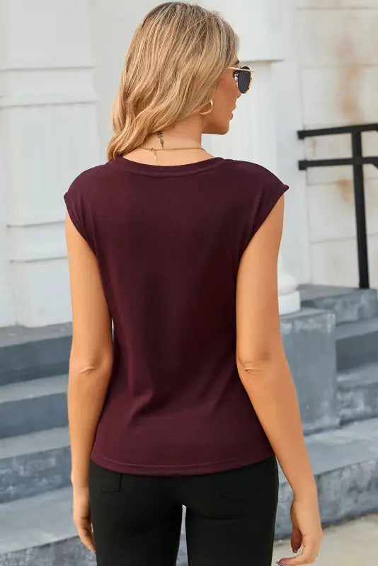 Red slash cutout cap sleeve t shirt - t-shirts