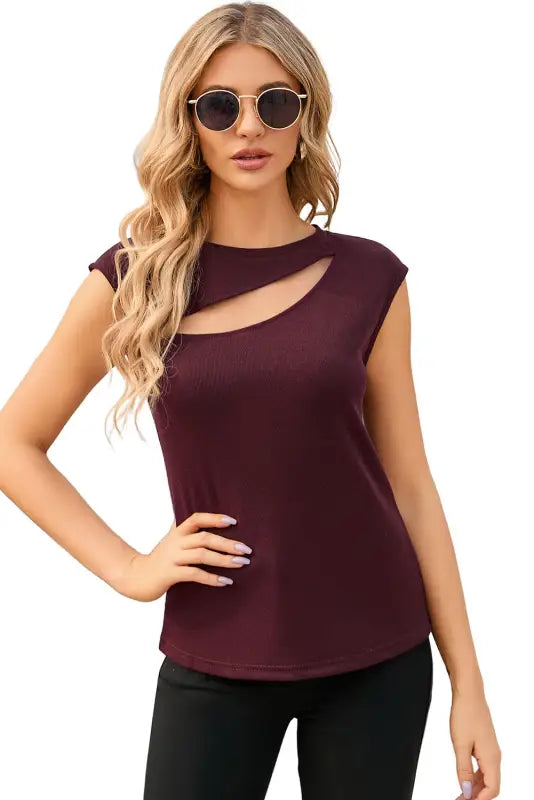 Red slash cutout cap sleeve t shirt - t-shirts