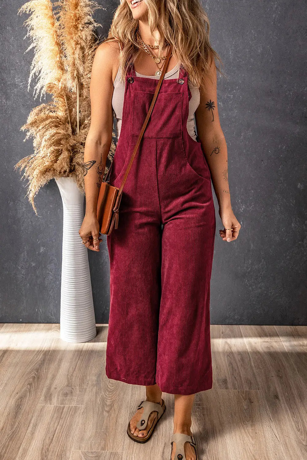 Red solid color corduroy wide leg bib overalls - s / 100% polyester - jumpsuits & rompers
