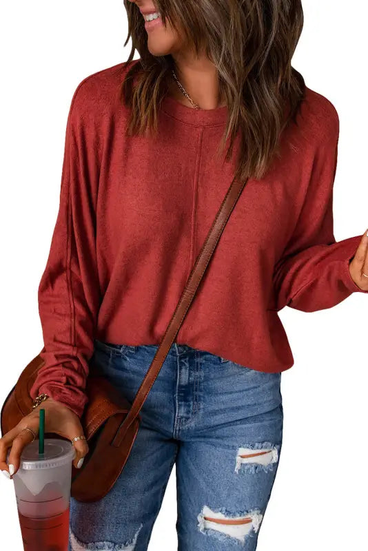 Red solid color patchwork long sleeve top - tops