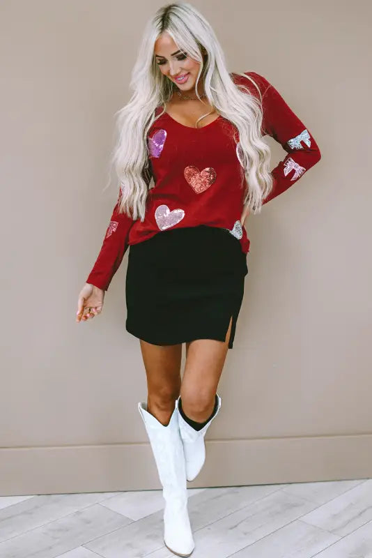 Red solid color patchwork long sleeve top - tops