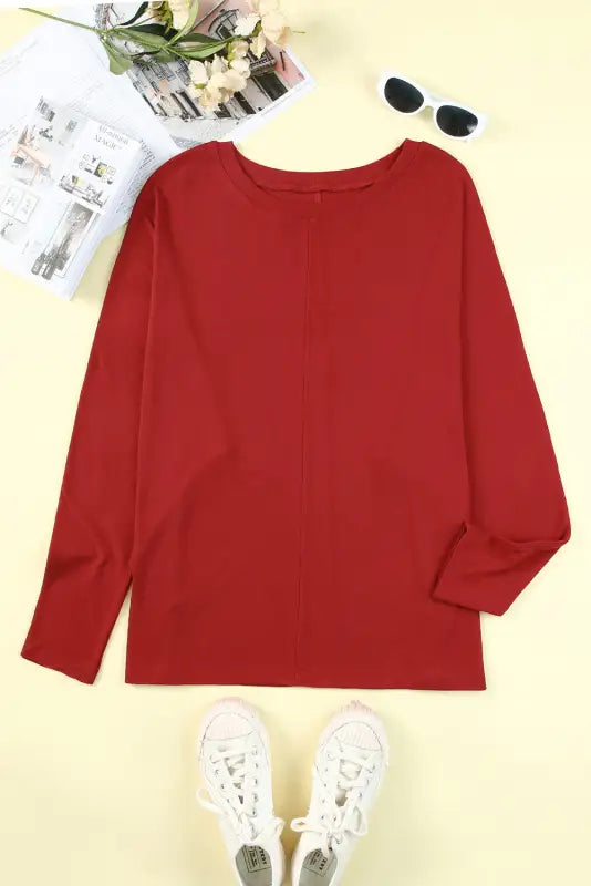 Red solid color patchwork long sleeve top - tops