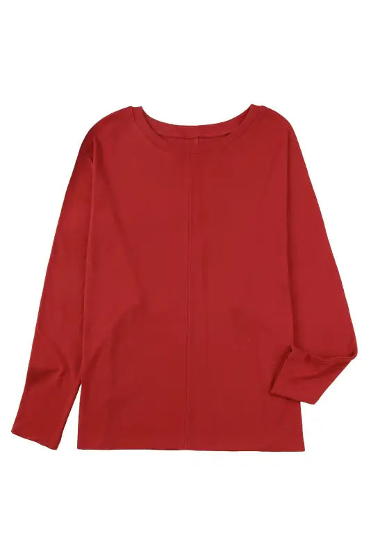 Red solid color patchwork long sleeve top - tops