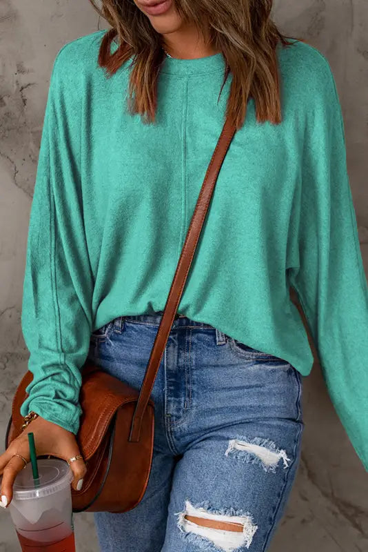 Red solid color patchwork long sleeve top - tops