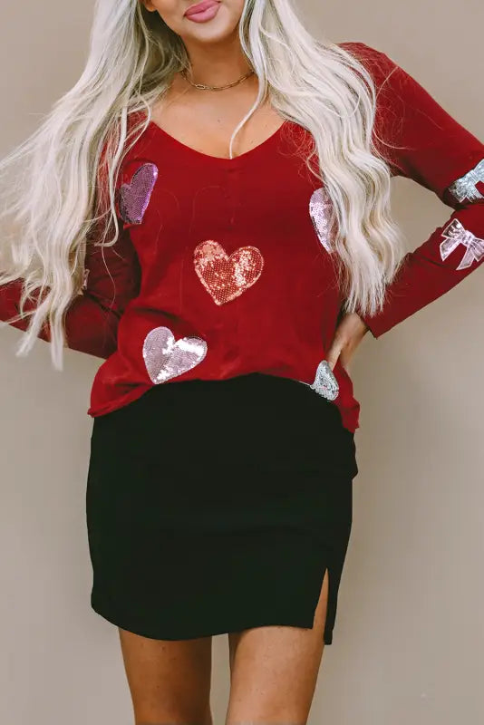 Red solid color patchwork long sleeve top - tops