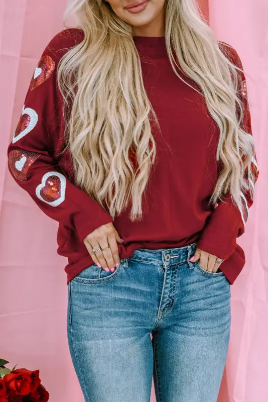 Red solid color patchwork long sleeve top - tops