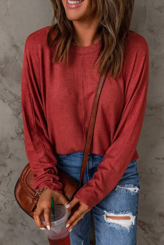 Red solid color patchwork long sleeve top - tops