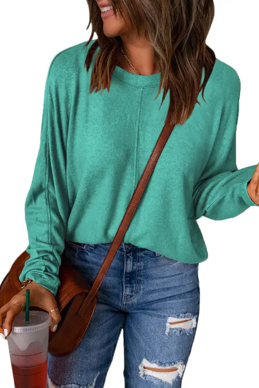 Red solid color patchwork long sleeve top - tops