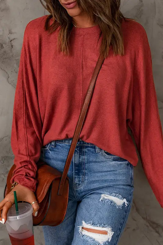 Red solid color patchwork long sleeve top - tops