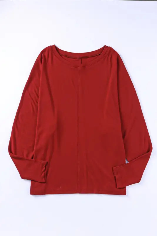 Red solid color patchwork long sleeve top - tops