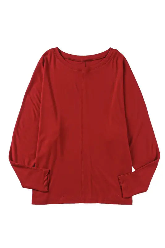 Red solid color patchwork long sleeve top - tops