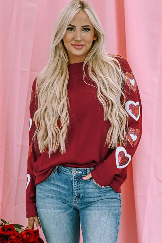 Red solid color patchwork long sleeve top - tops