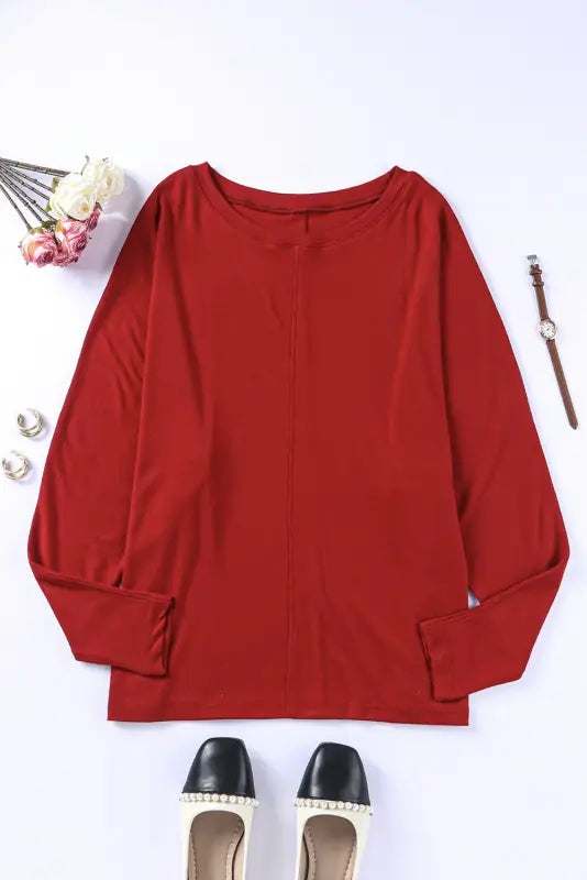 Red solid color patchwork long sleeve top - tops