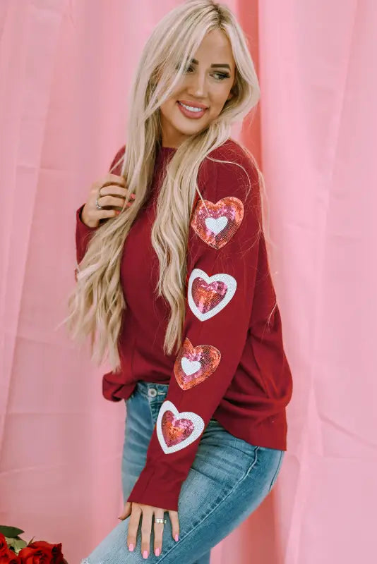 Red solid color patchwork long sleeve top - tops