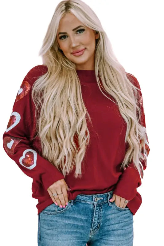 Red solid color patchwork long sleeve top - tops