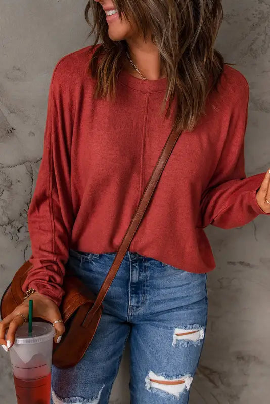 Red solid color patchwork long sleeve top - tops