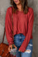 Red solid color patchwork long sleeve top - tops