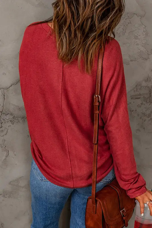 Red solid color patchwork long sleeve top - tops