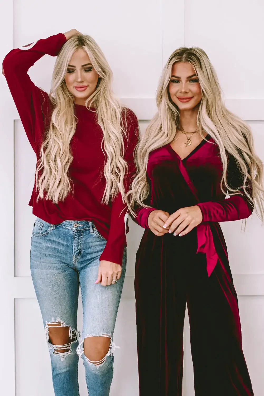 Red solid color patchwork long sleeve top - tops