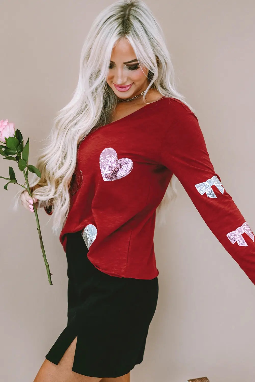 Red solid color patchwork long sleeve top - tops