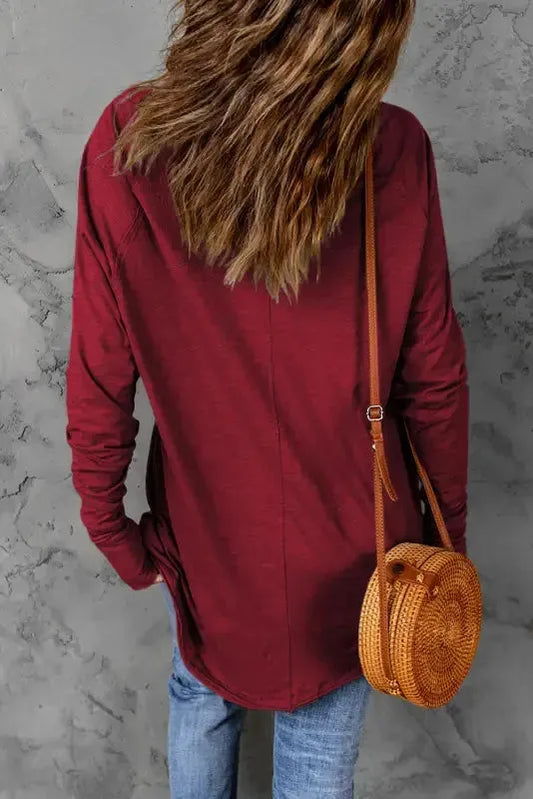 Red Solid Crew Neck Long Sleeve Top - Fashionfitz