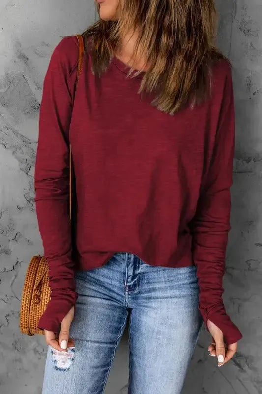 Red Solid Crew Neck Long Sleeve Top - Fashionfitz