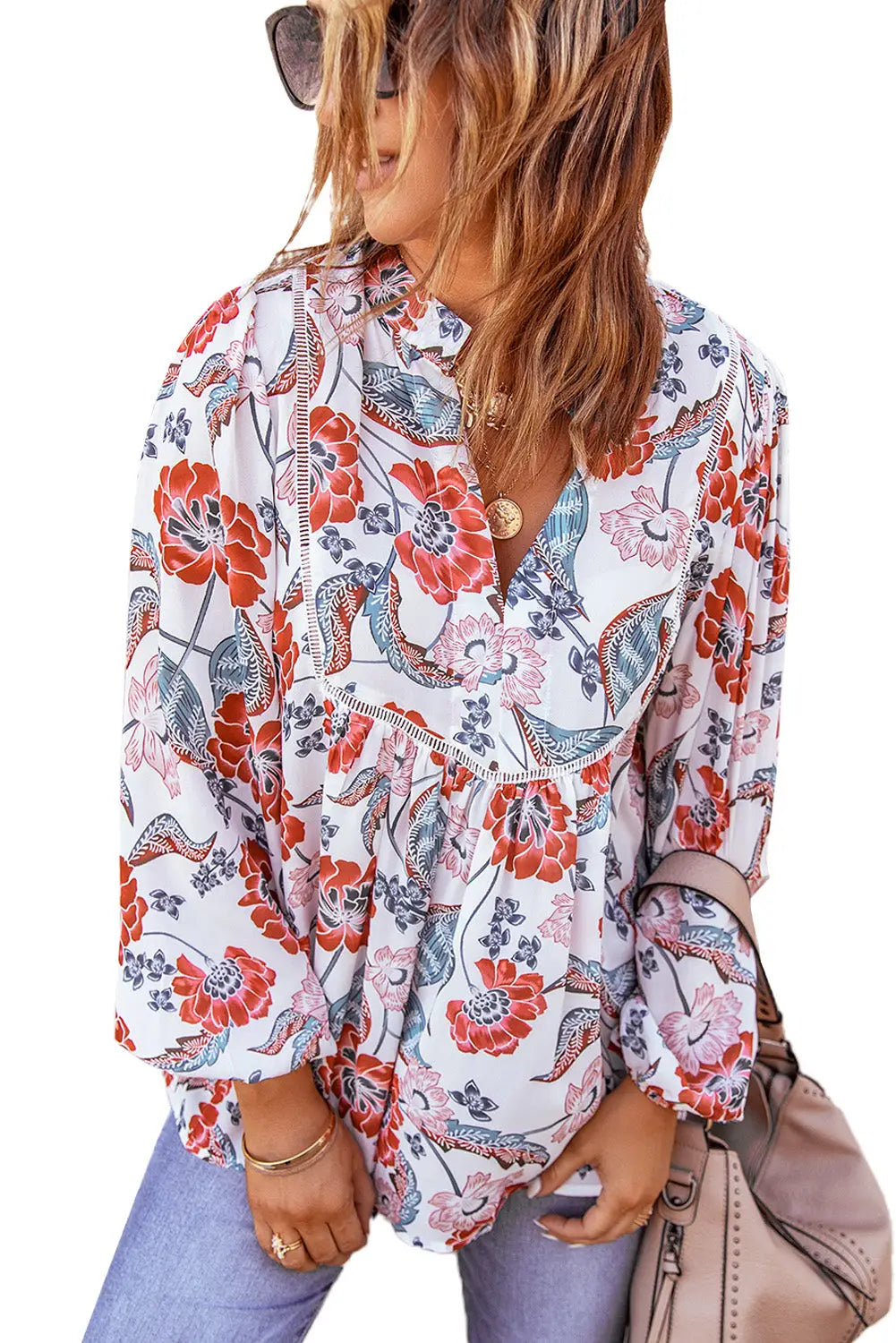 Red split neck bubble sleeve floral patchwork blouse - tops