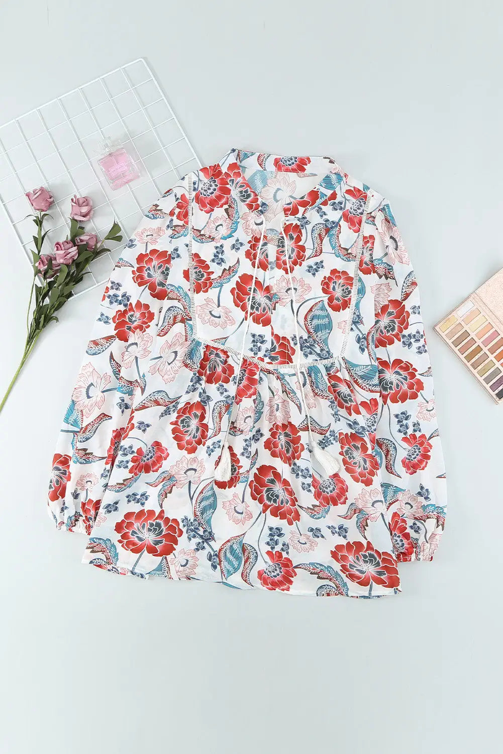 Red split neck bubble sleeve floral patchwork blouse - tops