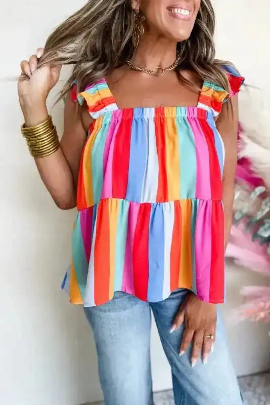 Red Stripe Ruffled Straps Babydoll Tank Top - Fashionfitz