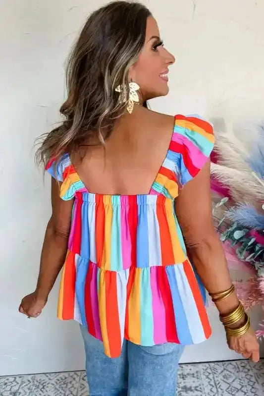 Red Stripe Ruffled Straps Babydoll Tank Top - Fashionfitz