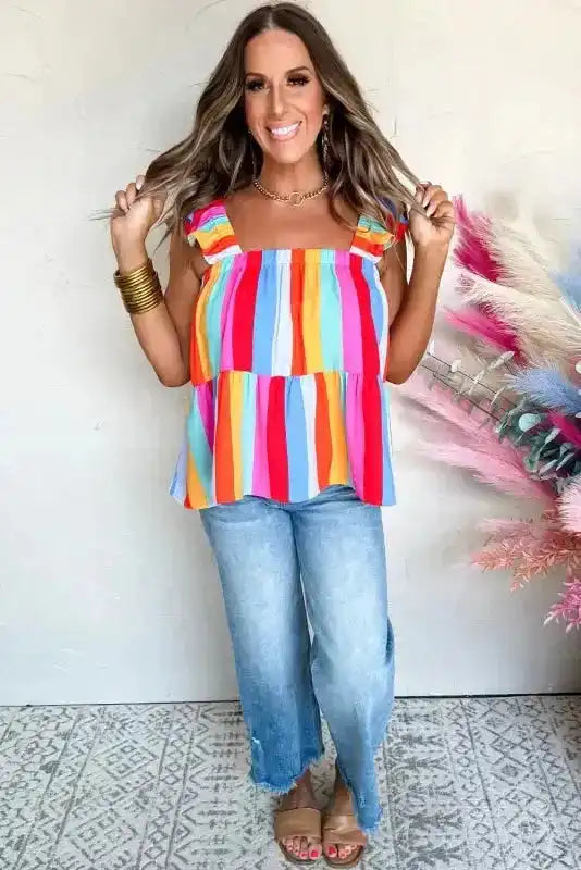 Red Stripe Ruffled Straps Babydoll Tank Top - Fashionfitz