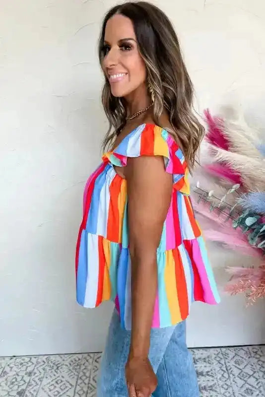 Red Stripe Ruffled Straps Babydoll Tank Top - Fashionfitz