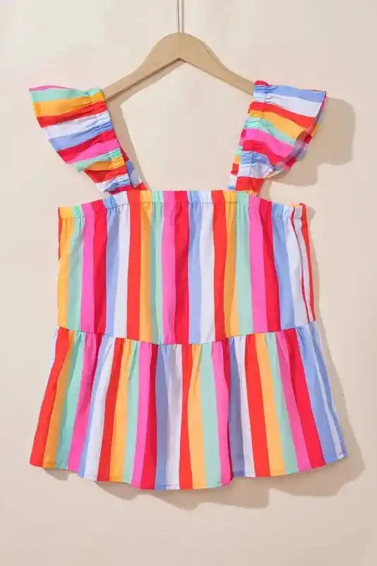 Red Stripe Ruffled Straps Babydoll Tank Top - Fashionfitz