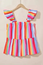 Red Stripe Ruffled Straps Babydoll Tank Top - Fashionfitz
