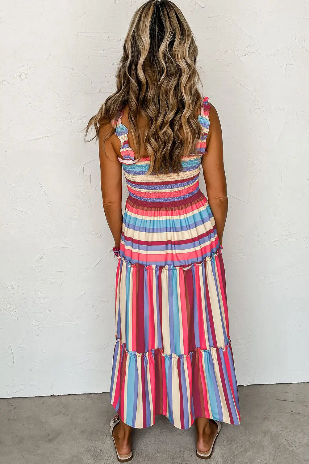 Red stripe ruffled straps smocked tiered long dress - maxi dresses