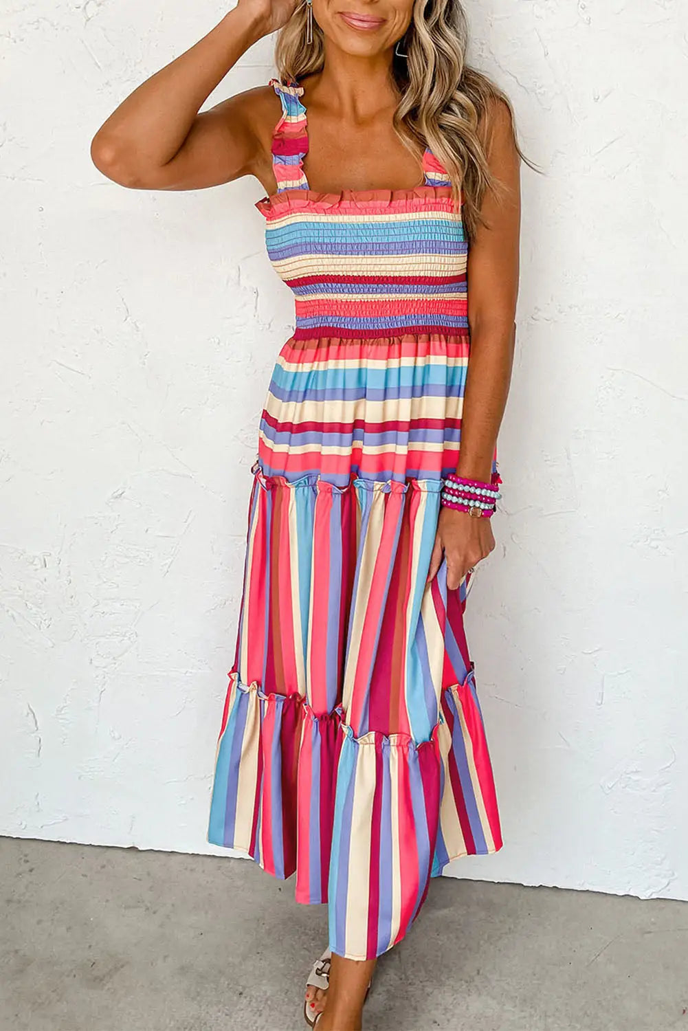Red stripe ruffled straps smocked tiered long dress - l / 100% polyester - maxi dresses