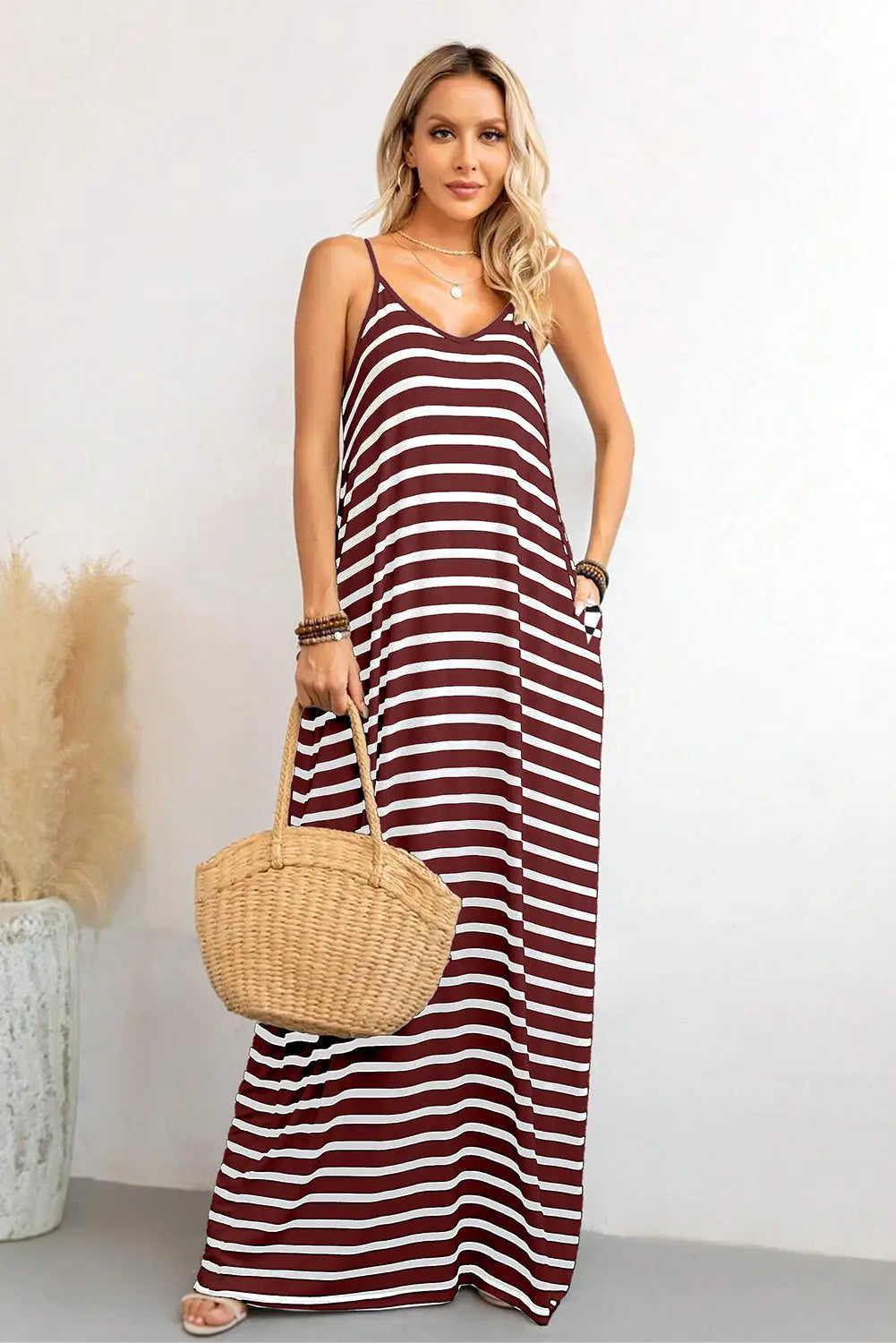 Red stripe side pockets spaghetti straps maxi dress - dresses