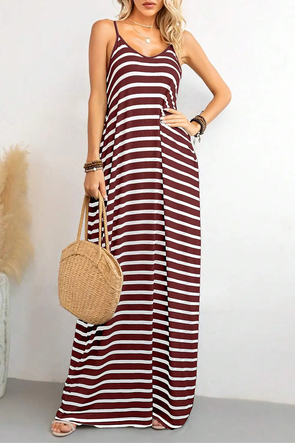 Red stripe side pockets spaghetti straps maxi dress - s / 85% polyester + 10% cotton + 5% elastane - dresses