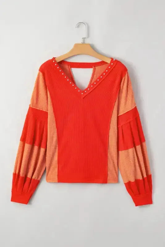 Red Studded V Neckline Exposed Seam Textured Knit Top - Fashionfitz