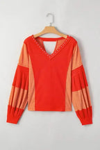 Red Studded V Neckline Exposed Seam Textured Knit Top - Fashionfitz