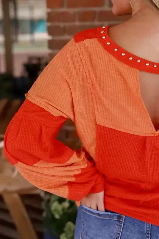 Red Studded V Neckline Exposed Seam Textured Knit Top - Fashionfitz