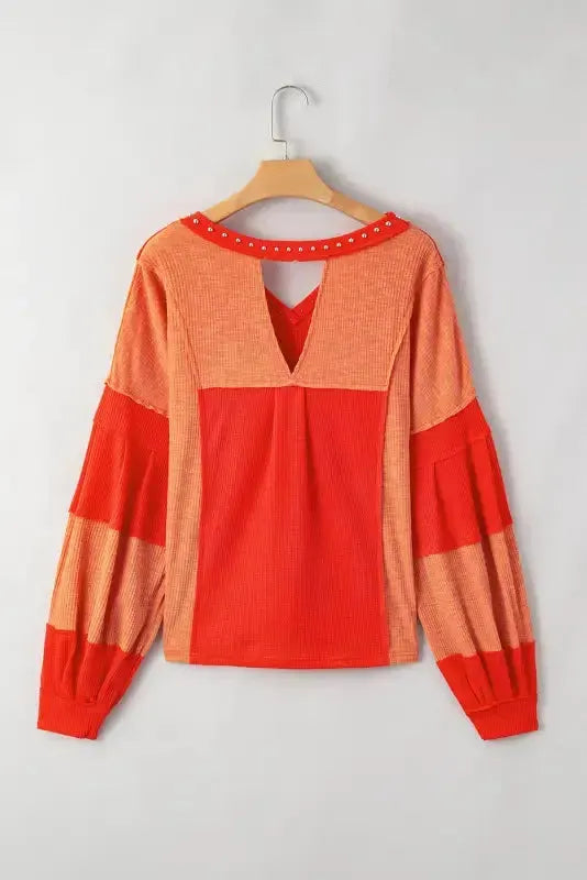 Red Studded V Neckline Exposed Seam Textured Knit Top - Fashionfitz