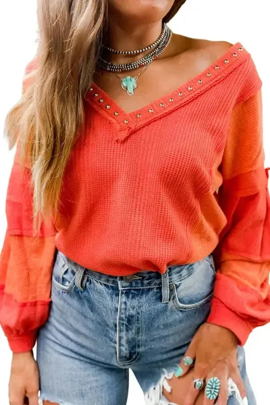 Red Studded V Neckline Exposed Seam Textured Knit Top - Fashionfitz