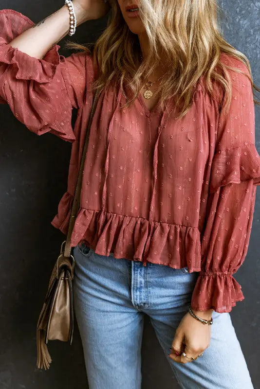 Red swiss dot lace up v neck ruffled blouse - tops