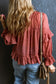 Red swiss dot lace up v neck ruffled blouse - tops