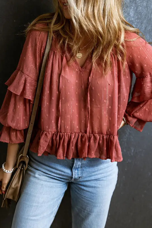 Red swiss dot lace up v neck ruffled blouse - tops