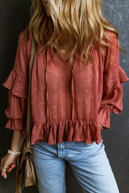 Red swiss dot lace up v neck ruffled blouse - tops