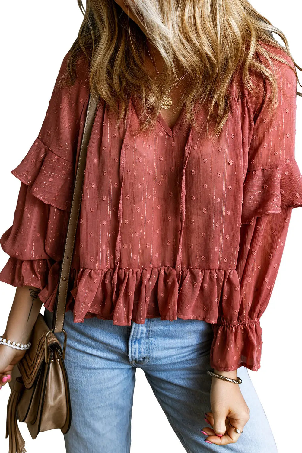 Red swiss dot lace up v neck ruffled blouse - tops